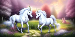 beautiful white unicorns in flower garden