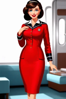 pin-up style realistic cartoon of 50 year old brunette stewardess in red uniform dress with very red lips and long eyelashes