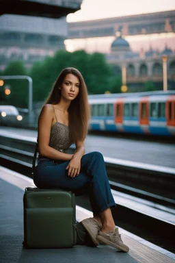 A realistic photo of a Milano in the main station in the background, a beautiful Italian young woman, late summer evening. Photo taken by Mamiya M645 camera with low-speed film, highly detailed, wide lens.