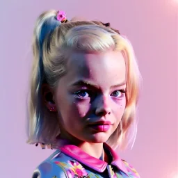 Margot Robbie toddler, full size, leather jacket, floral shirt, floral skirt, shoe, soft skin, dramatic lighting, hyper realistic