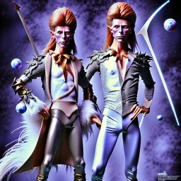 david bowie, one male model, white owl fancy clothes, Jim Henson's The Labyrinth, Jareth the goblin king, crystal ball in hand, wearing spandex grey leggings with a crotch bulge