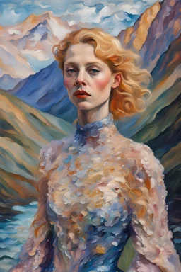 Oskar Kokoschka oil impasto painting Close-up photo, Otherworldly, blonde ginger HD face Actress knight fashion, jelly Gaudi Iris Van Harpen translucent haute couture gold mauve blue ivory pearlescent knitted medium-transparent silk sparlkles stole gown costume, Austrian Symbolism, arcane atmosphere, at dawn behind mountains River Mountain