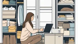 photo of a woman sits in a wardrobe, surrounded by shelves of clothes and working on a laptop, she has half-length brown hair and wearing pajamas , pale light, half socks and a mug of coffee next to her, high detalied, sharp focus, high reality mood, perfect shot