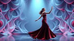 modern stage with gray-blue theme artistic decoration , color full dynamic lighting, a beautiful lady in modern maxy dark dark red dress with shining silver jwells dancing, 3D recursive fractal structure animating background