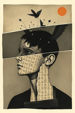 negative headspace, surreal, metaphoric, minimal, fragmented illustrated collage, 3 stages of grief, by Dave McKean and Man Ray