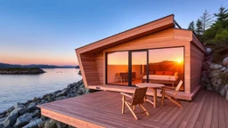 Image showcases a modern, minimalist wooden cabin situated on a rocky shoreline. The cabin features a unique angular design with large glass windows on one side, offering a panoramic view of the serene water body and surrounding landscape. The exterior is clad in light-colored wood, blending harmoniously with the natural environment. In front of the cabin, there is a spacious wooden deck furnished with simple wooden chairs and a table, providing a cozy outdoor seating area. The setting sun casts