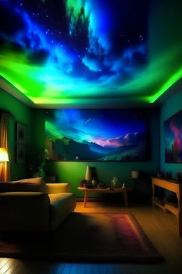 Transform your living room into a dreamscape bathed in the ethereal glow of an aurora, blending reality and fantasy in a sublime display of luminous colors.