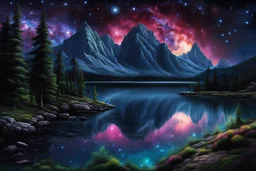 by the lake, on an alien world, under the Orion Nebula, by night :: make it more alien and make the sky a whole starry nebula :: extremely detailed, intricate, photorealistic, beautiful, high detail, high definition, pencil sketch, deep color, digital art