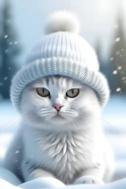 eine lustige weiße Fotorealisrische katze im schnee mit hut