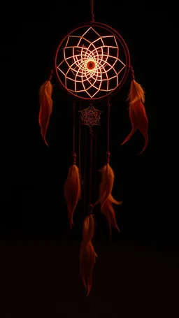 a dreamcatcher made of light, glowwing, natural red/brown tones, brown dirt ground long bottom, dark background