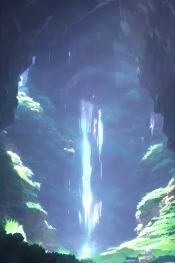 a cave where can see a super nice garden, neon circular light round it, illustration concept art anime key visual trending pixiv fanbox by wlop and greg rutkowski and makoto shinkai and studio ghibli