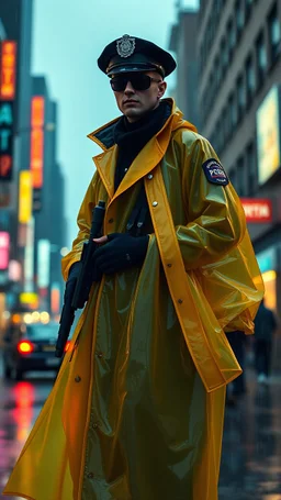 retro futurist, nypd full body color 1920 black policeman wtih heavy yellow rain transparent coat