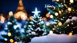 ,night,snow,close up shot of a christmas trees with light and ornaments,bokeh,