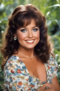 full color, full body portrait, smiling 18-year-old Dawn Wells from Gilligan's Island with (((Brown Hair))), (((blue eyes))), 32k, UHD, Professional Photo -- Botany - Starry - Retro Pop - Dark Fantasy - Horror - Festive - Realistic - 32k, UHD, professional quality, 8 x 10 digital photograph