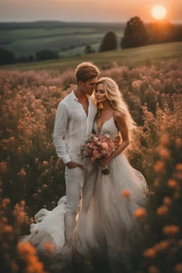 A hyper-realistic,Pretty woman getting married to a blonde haired man in a field of flowers with sunset in the background , Photo Real, HOF, full size, practicality,manufacturability,performance, (((realism, realistic, realphoto, photography, portrait, realistic, elegant, charming, apocalyptic environment, professional photographer, captured with professional DSLR camera, trending on Artstation, 64k, ultra detailed, ultra accurate detailed, bokeh lighting, surrealism, Thomas Kinkade background,