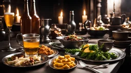 142857, delightful, sensitive, delicious food, banquet, pewter tankards and pewter plates, pewter mugs, pewter cups, beer, ale, confident, night, darkness, architecture, filled with delicious food, award-winning photograph, beautiful composition, chiascuro