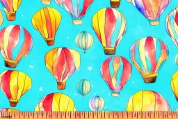 giftwrap pattern with watercolor of a hot air balloon, children's book illustration, white parchment paper, wrapping paper, warm colors