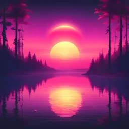 a silent lake in a wood , synthwave picture style with light pixel, the sunset on the horizon, with a big pixelated sun