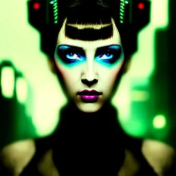 portrait oil on canvas, beautiful punk busty female Blade runner Replicant, intense stare, sad glowing eyes, post-apocalyptic in a cyberpunk city,minimal skintight latex dress, bladerunner movie poster, realistic, Crystal Big green eyes , intricate detail, , sci-fi fantasy style, masterpiece, volumetric lighting, particles, highly detailed ,cinematic , deep colours,8k, in the style of Kaare Andrew