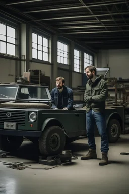 two haggard in their mid 30s looking men working in a land rover warehouse selling car parts to the public they ahte each other