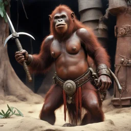 [high res photo by Ray Harryhausen] the Orangutang Queen smiles, ready to fight, in dust, rust and blood, her body is covered with cartridge belts