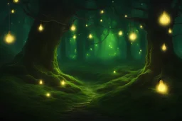 Magical forest with cheerful atmosphere at night, green, lights