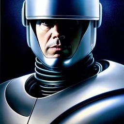 Ultra detailed portrait in oil on canvas of Scifi Robocop ,extremely detailed digital painting, extremely detailed face,crystal clear Big eyes, mystical colors ,perfectly centered image, perfect composition, rim light, beautiful lighting,masterpiece,8k, stunning scene, raytracing, anatomically correct, in the style of robert e howard and Ken Kelley and Ohrai Noriyoshi and Simon Bisley and tomzj1