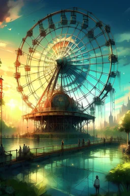 in summer,in spring,sky,sun,masterpiece,best quality,((futurism)),available light,moody lighting,castle,waterpark,city,ferris wheel,art gallery,museum,cyberpunk