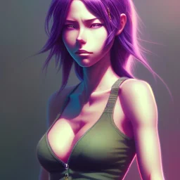 revy black lagoon, purple hair, black tank top, jean shorts, tribal sleeve left arm, portrait shinkai makoto, studio ghibli, studio key, madhouse anime studio, artgerm, lau rossdraws james jean marc simonetti pixiv