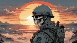 soldier with a skull mask looking over a sunset from behind drawn by akira toriyama