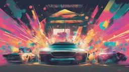 "I'm envisioning a vibrant poster for the 'Big Car Festival,' capturing the energy of the event. The main visual should feature a powerful car in the foreground, with a silhouette of a DJ and turntables, setting the festive atmosphere. The podium should showcase winners celebrating, holding champagne bottles, and perhaps spraying champagne in the air. Use dynamic and festive colors, including bold reds and metallic gold. Include playful fonts for the event title and details. Add elements like co