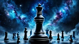 Hyperrealistic illustration of a giant chess piece floating on the big galaxy, deep dark universe with stars and nebula, fanatasy, dramatic atmosphere. The overall scene moody and surreal, with intricate stunning textures on the chess piece to highlight its grandeur and mystery. white-blue mist aura around the chess piece. detailed, stunning illustration