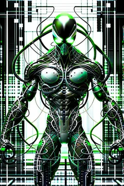 Cyborg symbiote, white color, green color, tendrils, high tech, cyberpunk, biopunk, membrane wings, carbon fiber, cyber tentacles, and the other two.