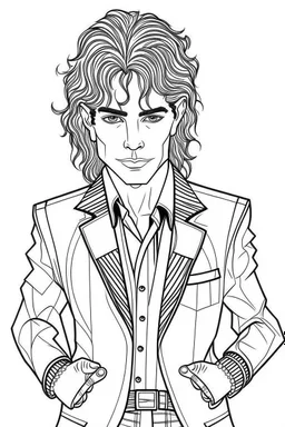 Michael Jackson, b&w line art style fashion, preppy style, simple line art, one line, line art, line drawing style, white background, full body, picture, coloring book style on white background, well composed, clean coloring book page, No dither, no gradient, strong outline, No fill, No solids, vector illustration, –ar 9:11 –v 5