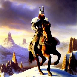 portrait of 'The Northman-Viking King on horse',ancient metal armor,horned helmet,castle,army,mountains, snow, cold, painting by gaston bussiere, greg rutkowski, yoji shinkawa, yoshitaka amano, tsutomu nihei, donato giancola, tim hildebrandt, evan lee,oil on canvas, cinematic composition, extreme detail,fit full head inside picture,16k