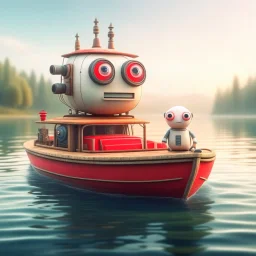 cute blessed robot holds big fish on small steam boat in a big lake, 8k, downlight, soft light, depth of field, photorealism, trending on art station, lotsa detail