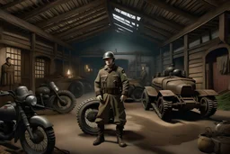 a small bald man in motorcycle leathers is standing in the middle of a Bavarian Barn. behind a WWII German army motorcycle and sidecar is a tiger tank, a panther tank and two WWII German half-tracks. photorealistic