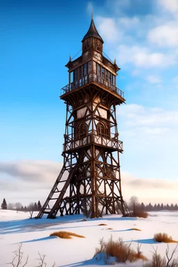 tall steampunk tower in a snowy field