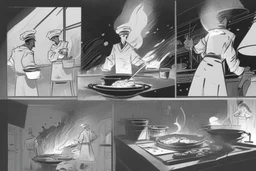 black and white storyboard, 3 chefs, scattered throughout the kitchen cooking, frying, cutting