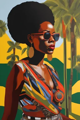 oil painting, in Mickalene Thomas style, ((best quality)), ((masterpiece)), ((realistic, digital art)), (hyper detailed), Upper body Portrait painting of a African American woman, in artistic pose, vivid coloring, painted by Mickalene Thomas