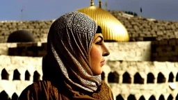 A woman wearing a keffiyeh holds the Dome of the Rock