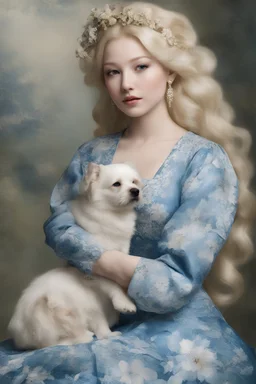 blue, large, woman, blonde, floral designs, atmospheric, beautiful, China Doll, Lap dog