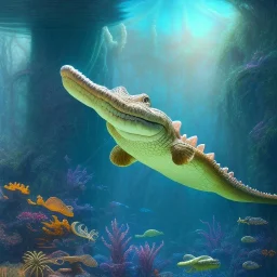 beautiful, stunning paleoart of serpentine eel with alligator head swimming underwater, coral reefs, plants, in the style of eleanor kish, davide bonadonna, julius csotony, fabio pastor, wide field of view, Masosaurus, photorealistic, illustrative, digital art, 8k resolution, detailed matte, painting, artwork, deviantart