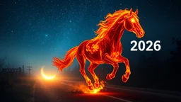 gallops out of the darkness a beautiful perfect fire horse with glowing eyes made of fire, a flaming fiery body, left profile, full body, above it the deep blue starry sky, in front of it a faintly shining road, behind it ruins, black vines, darkness, in front of it light, hope, a new road with ligt, in dark background, fog with big shiny 3d caption text: "2026"