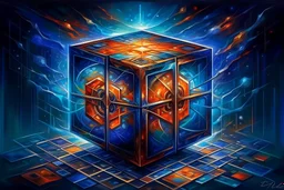 epic, oil-painting, immovable cube object, coliding, straight on, with unstopable energy force, traveling in style, florecent