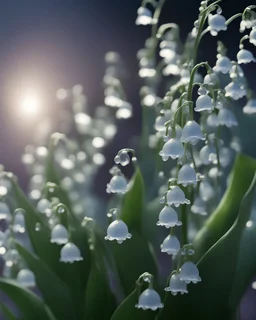 dewdrops in blue backgrounds, lily of the valley, in the style of 32k uhd, atmospheric installations, national geographic photo, unreal engine 5, edwardian beauty, uhd image, light purple