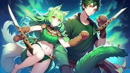 Girl, 2boy ,wolf muzzle, long green hair, green wolf ears,2 wolf tail, open navel, short blue shirt,animal tail, animal paws, wolf paws hand, orange eyes, sword, animal fur on feet