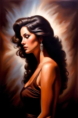 dark brown wood panel background with an overhead spotlight effect, a small woman facing to the side looking back over her shoulder, full color oil painting in the art style of Boris Vallejo