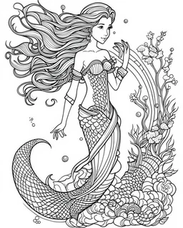 A real mermaid, coloring image, full body (((((white background))))), only use an outline., real style, line art, white color, clean line art, white background, Sketch style