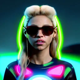 Shakira, artist, 30 years old, Realistic image, waist up portrait, etro style dress, oversize. Gucci sunglasses. Blonde, loose long hair, eyes make up, perfect, glow, circle iris. Neon colors, leds. Cyberpunk. concept art, smooth, unreal engine 5, god lights, ray tracing, RTX, lumen lighting, ultra detail, volumetric lighting, 3d, finely drawn, high definition, 4k.